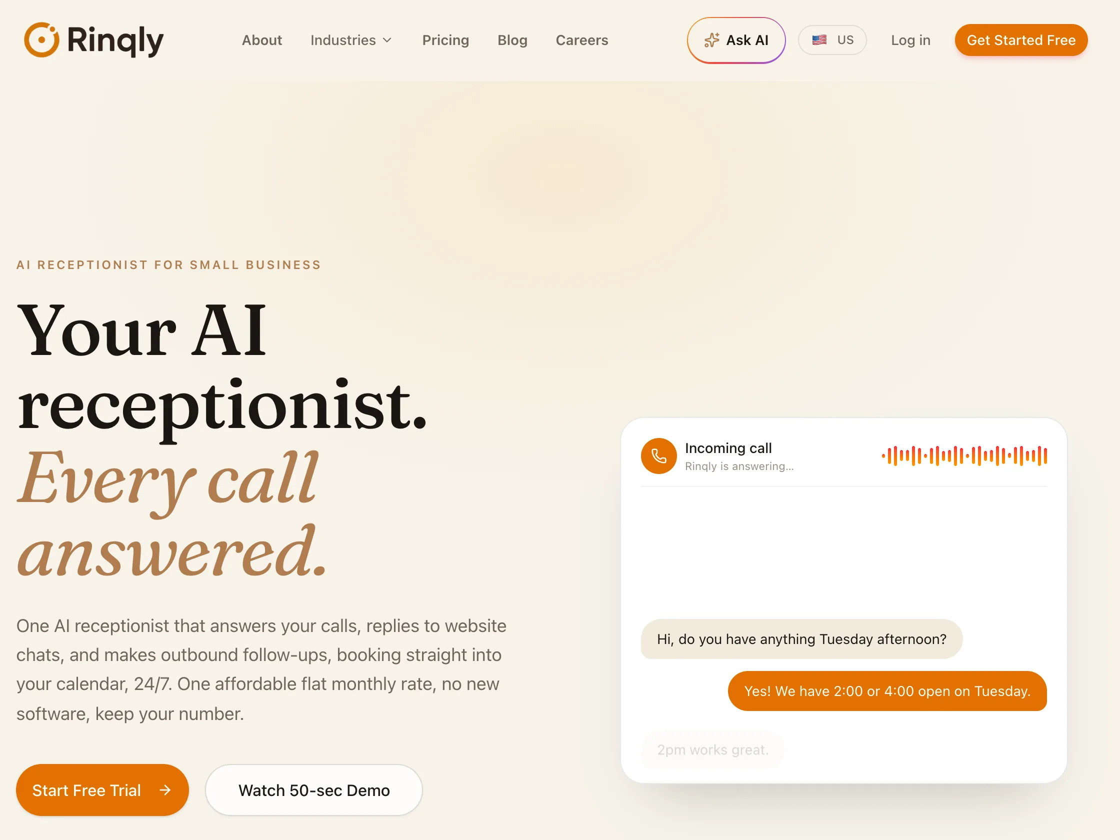 AI receptionist for US small businesses, voice ai